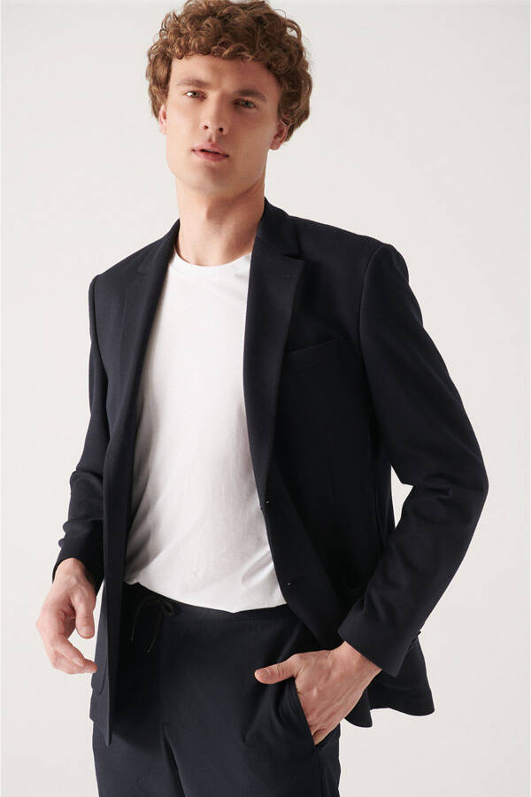 Men's Navy Knit Slim Fit Jacket - 8