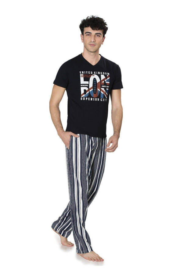 Men's Navy Printed V-Neck Pajama Set - 7