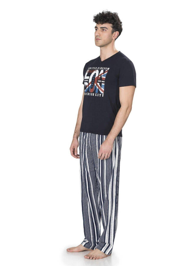 Men's Navy Printed V-Neck Pajama Set - 6