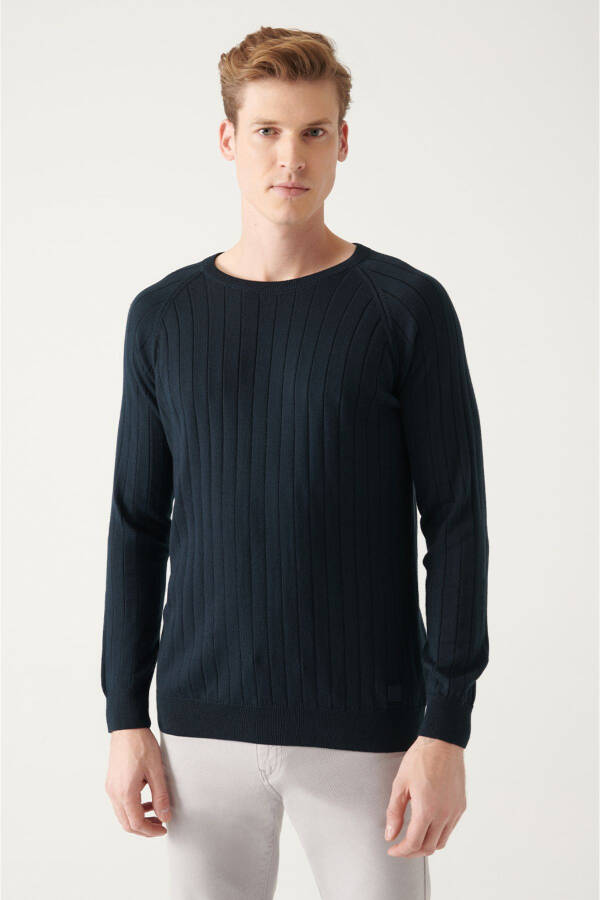 Men's Navy Slim Fit Jacquard Knit Sweater - 6