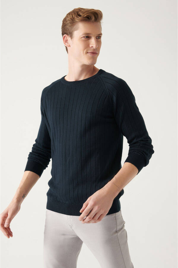 Men's Navy Slim Fit Jacquard Knit Sweater - 8