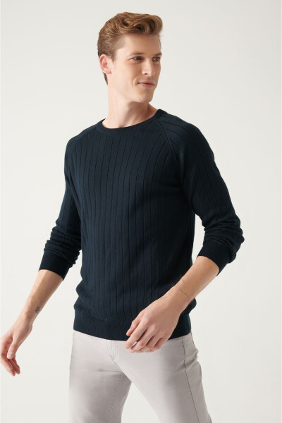 Men's Navy Slim Fit Jacquard Knit Sweater - 3