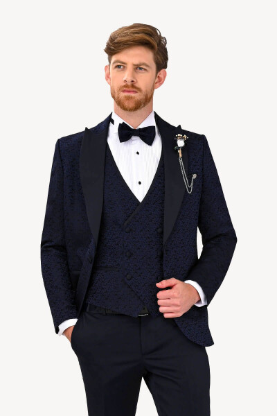 Men's Navy Slim Fit Tuxedo with Swallowtail Collar Pattern - 7