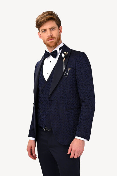 Men's Navy Slim Fit Tuxedo with Swallowtail Collar Pattern - 8