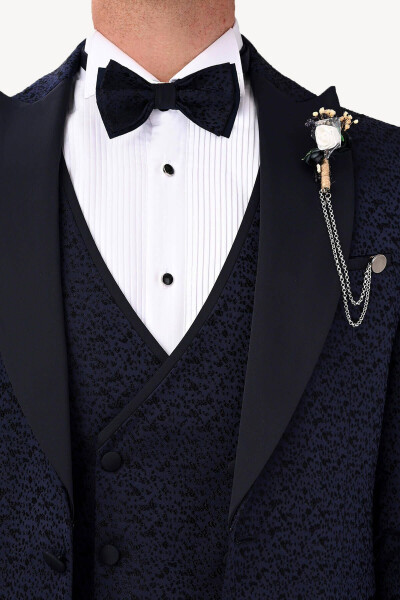 Men's Navy Slim Fit Tuxedo with Swallowtail Collar Pattern - 9