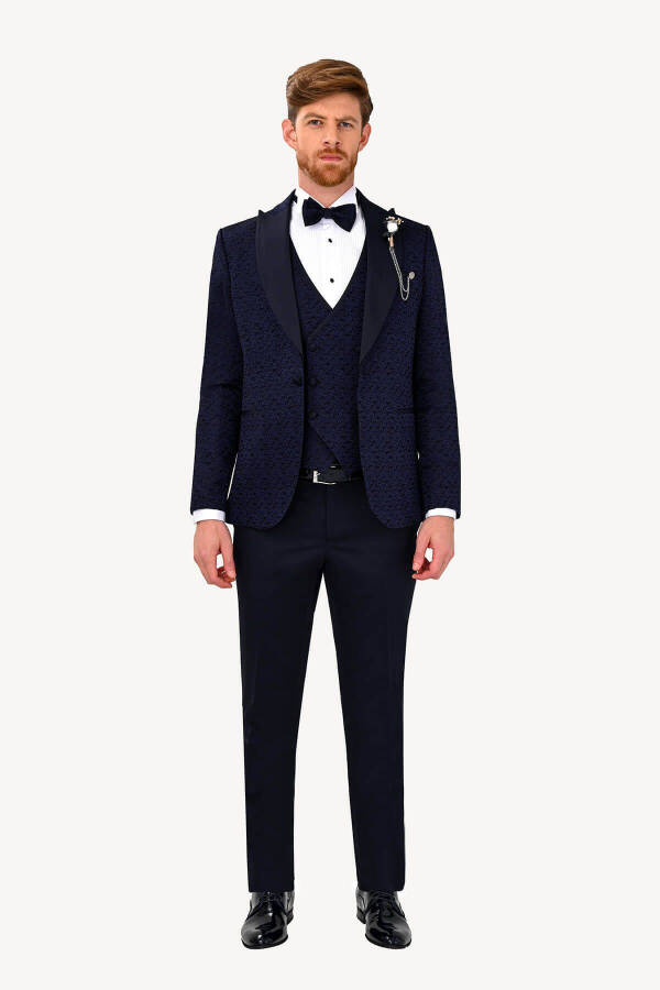 Men's Navy Slim Fit Tuxedo with Swallowtail Collar Pattern - 2