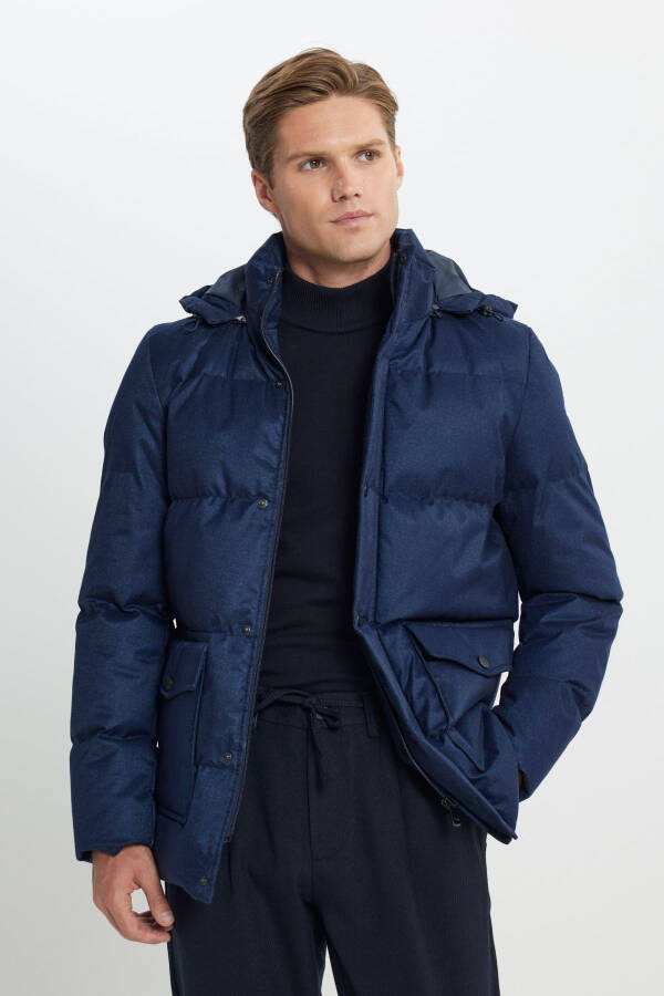 Men's Navy Standard Fit Regular Cut Hooded Coat - 6