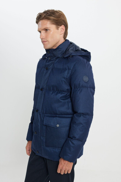 Men's Navy Standard Fit Regular Cut Hooded Coat - 7