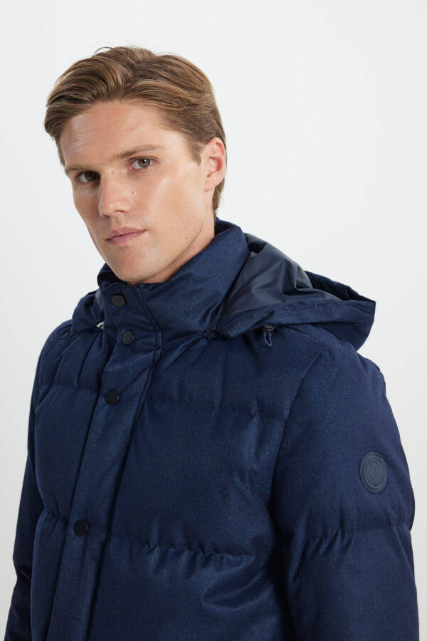 Men's Navy Standard Fit Regular Cut Hooded Coat - 8