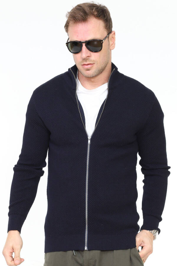 Men's Navy Stuttgart Organic Cotton Zippered Knit Cardigan - 1