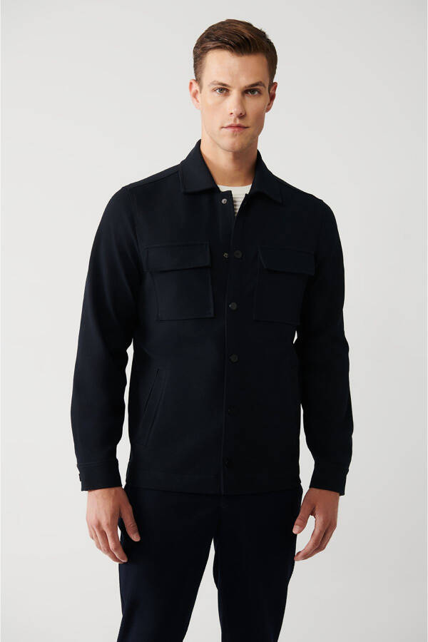 Men's Navy Unisex Shirt Classic Collar Diagonal Double Pocket Flap Knit Comfort Fit A32y2092 - 12