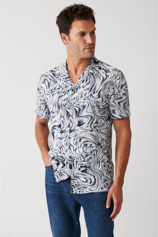 Men's Navy Viscose Cuban Collar Abstract Pattern Short Sleeve Regular Fit Shirt A31y2178 - 6