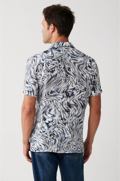 Men's Navy Viscose Cuban Collar Abstract Pattern Short Sleeve Regular Fit Shirt A31y2178 - 9