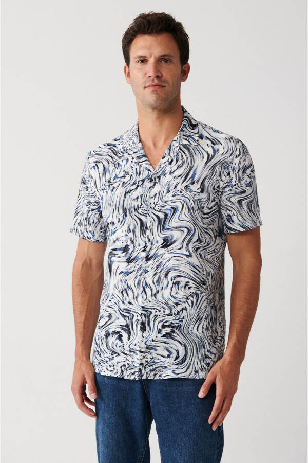 Men's Navy Viscose Cuban Collar Abstract Pattern Short Sleeve Regular Fit Shirt A31y2178 - 3