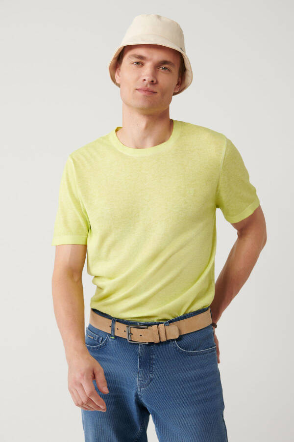 Men's Neon Green Crew Neck Garment Dyed Paint Effect Regular Fit Knit T-shirt A41y5074 - 6