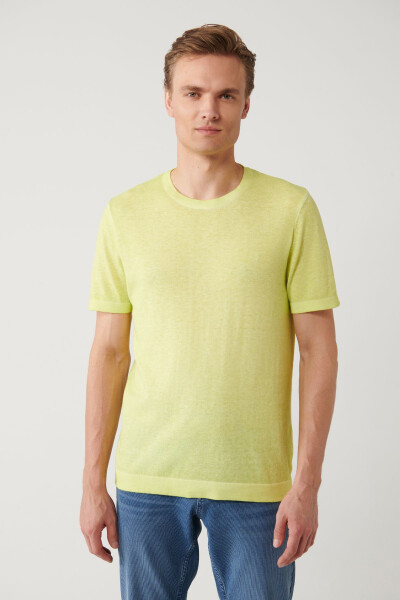 Men's Neon Green Crew Neck Garment Dyed Paint Effect Regular Fit Knit T-shirt A41y5074 - 8