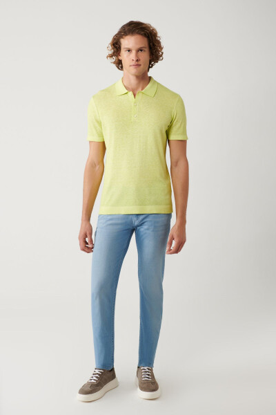 Men's Neon Green Polo Collar 3 Button Garment Dyed Regular Fit Knit T-shirt A41y5067 - 5