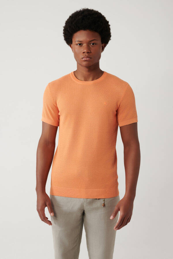 Men's Orange Modal Knit T-shirt Crew Neck Textured Ribbed Regular Fit B005010 - 8