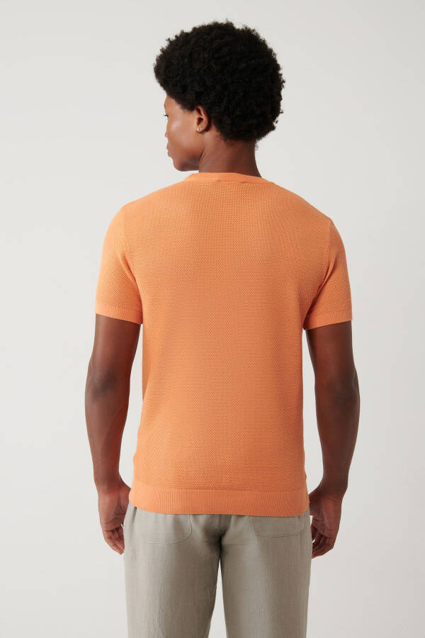 Men's Orange Modal Knit T-shirt Crew Neck Textured Ribbed Regular Fit B005010 - 9