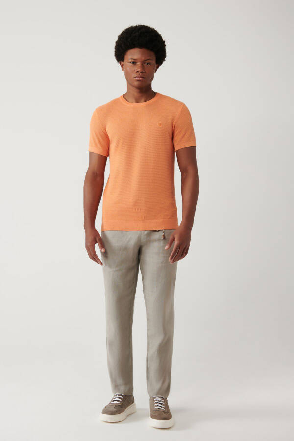 Men's Orange Modal Knit T-shirt Crew Neck Textured Ribbed Regular Fit B005010 - 10