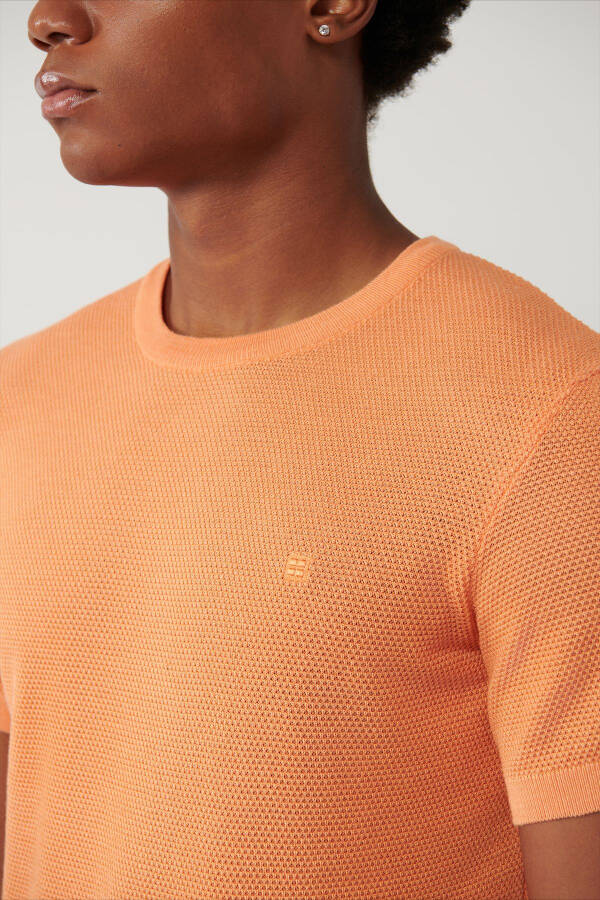 Men's Orange Modal Knit T-shirt Crew Neck Textured Ribbed Regular Fit B005010 - 2