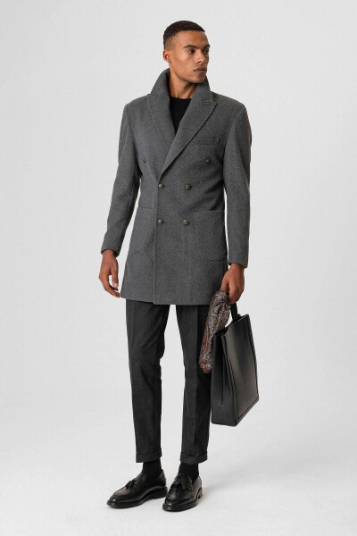 Men's Overcoat, Anthracite Double-Breasted Flap Pocket - 4