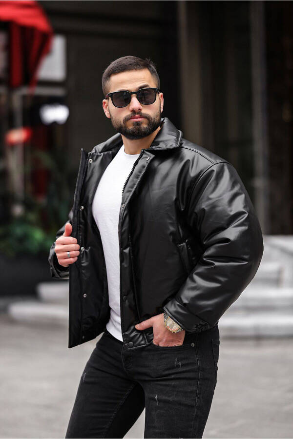 Men's Oversized Collar Leather Jacket - 1