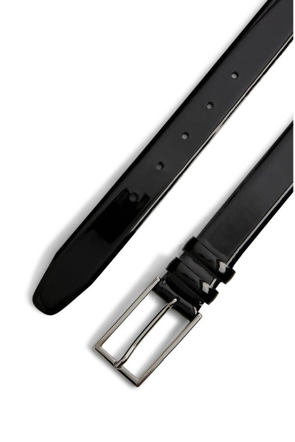 Men's Patent Leather Dress Belt with Silver Buckle, Black - 14