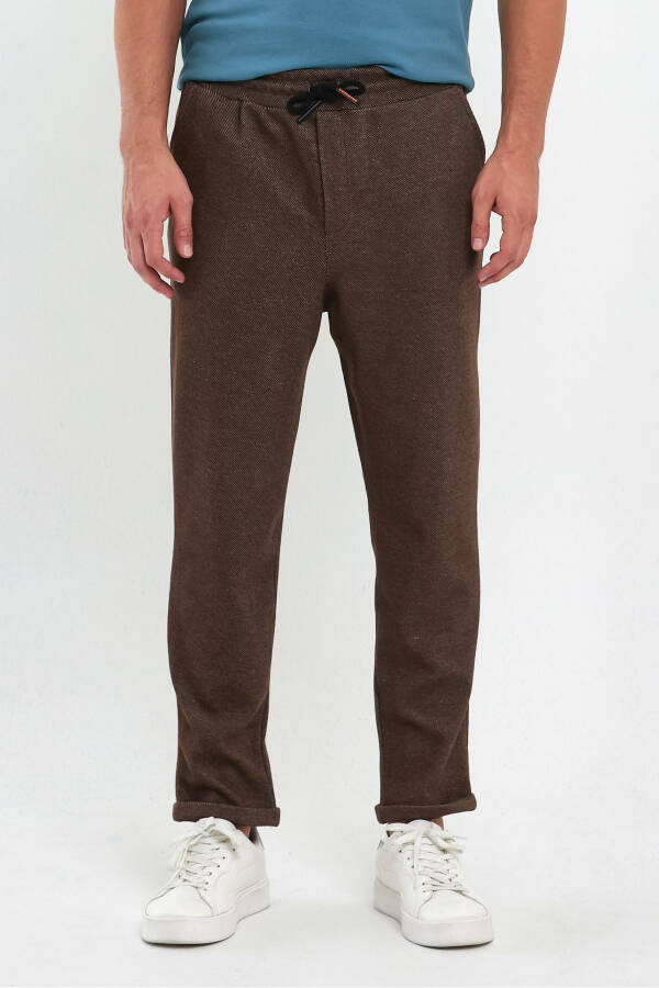 Men's Patterned Double Leg Cotton Jogger Pants with Back Pockets, Elastic Waistband and Drawstring BROWN - 1