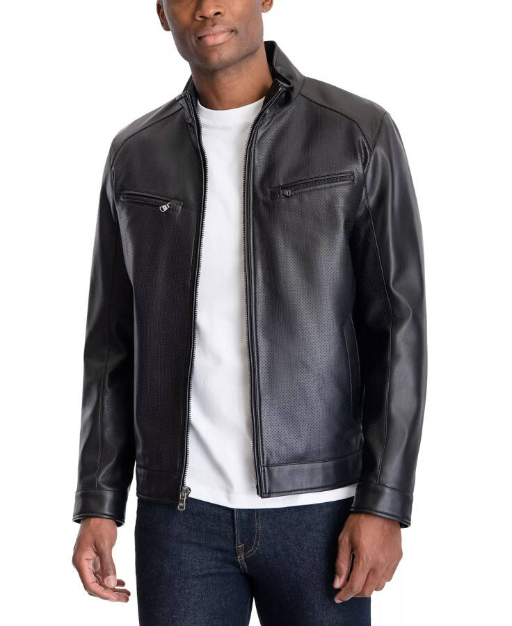 Men's Perforated Faux Leather Moto Jacket, Created for Modazone Black - 1