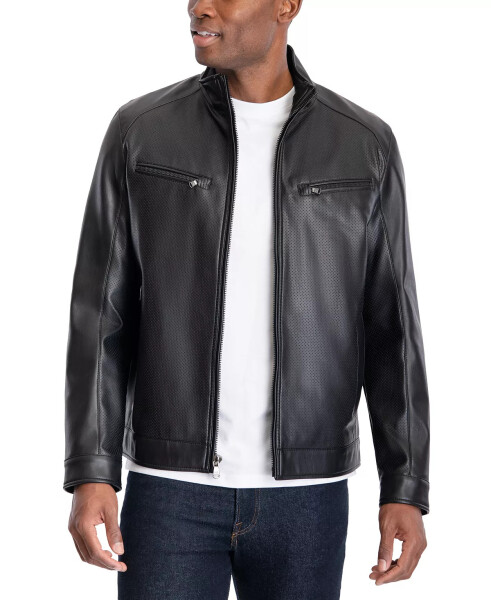 Men's Perforated Faux Leather Moto Jacket, Created for Modazone Black - 2