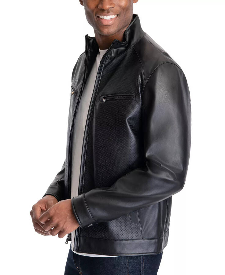 Men's Perforated Faux Leather Moto Jacket, Created for Modazone Black - 4