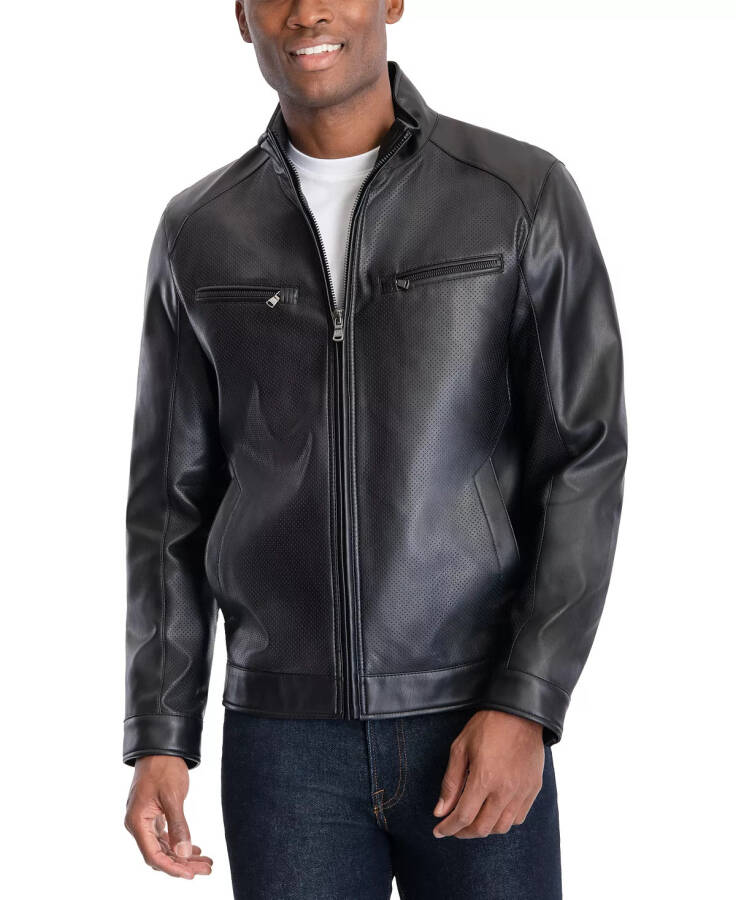 Men's Perforated Faux Leather Moto Jacket, Created for Modazone Black - 5