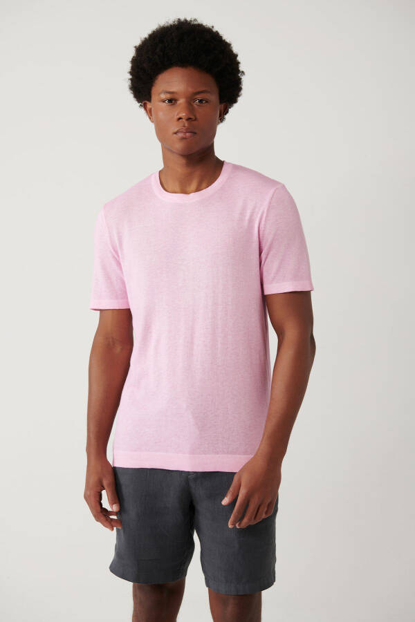 Men's Pink Crew Neck Garment Dyed Paint Effect Regular Fit Knit T-shirt A41y5074 - 8