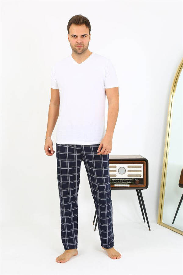 Men's Plaid Cotton Pajama Bottoms 27540 Navy - 8