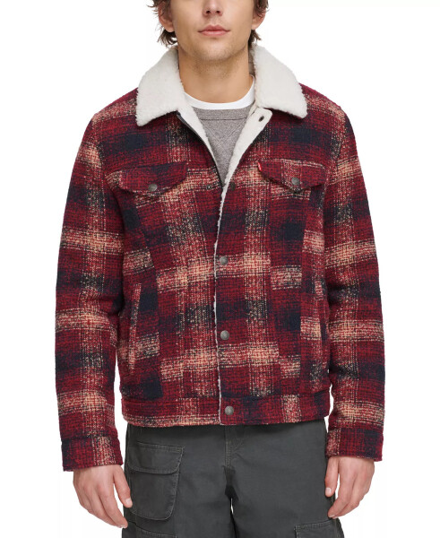 Men's Plaid Fleece-Lined Trucker Jacket Red Multi - 1