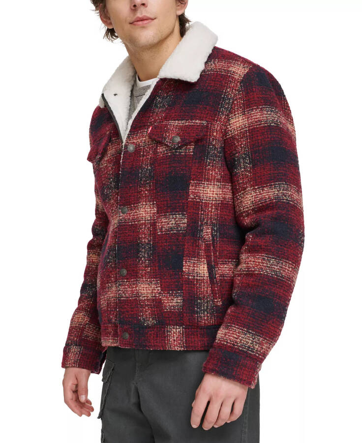 Men's Plaid Fleece-Lined Trucker Jacket Red Multi - 3