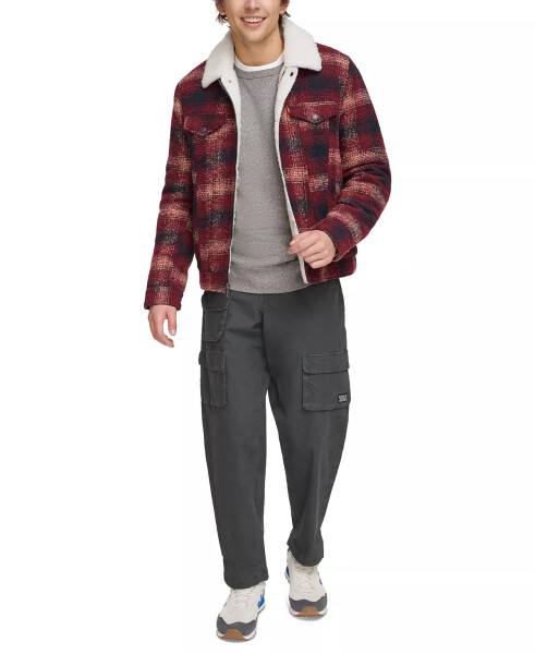 Men's Plaid Fleece-Lined Trucker Jacket Red Multi - 5