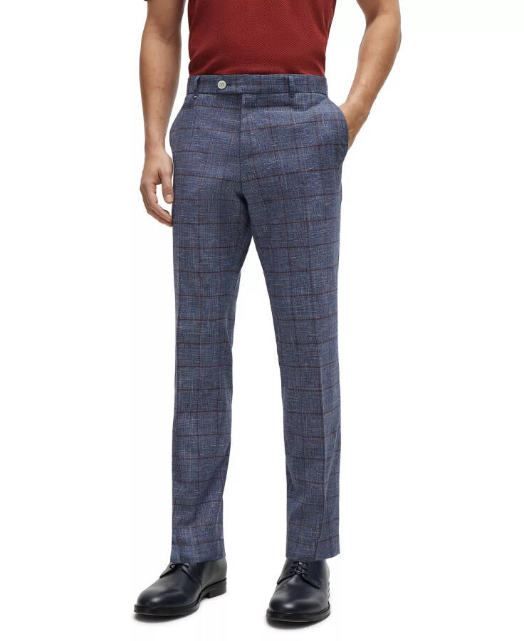 Men's Plain-Checked Slim-Fit Trousers Open Blue - 1