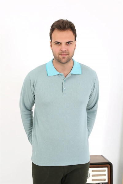 Men's Polo Neck Long Sleeve Cotton Pajama Set 6862 Aqua Green - 7