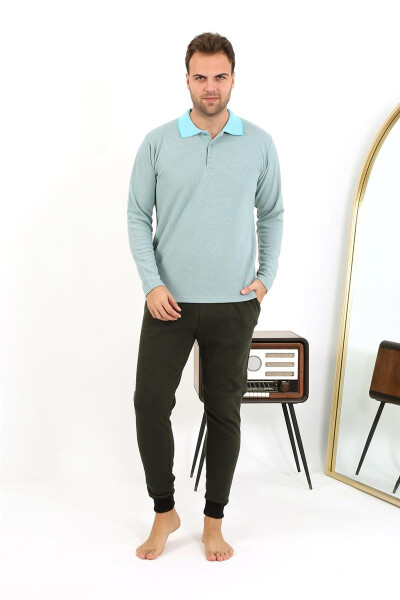 Men's Polo Neck Long Sleeve Cotton Pajama Set 6862 Aqua Green - 8