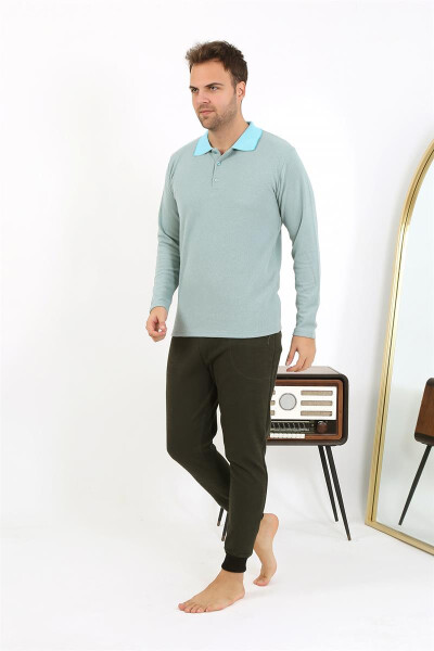 Men's Polo Neck Long Sleeve Cotton Pajama Set 6862 Aqua Green - 10