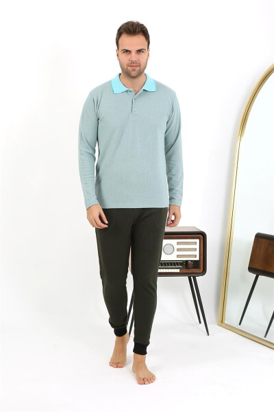 Men's Polo Neck Long Sleeve Cotton Pajama Set 6862 Aqua Green - 11