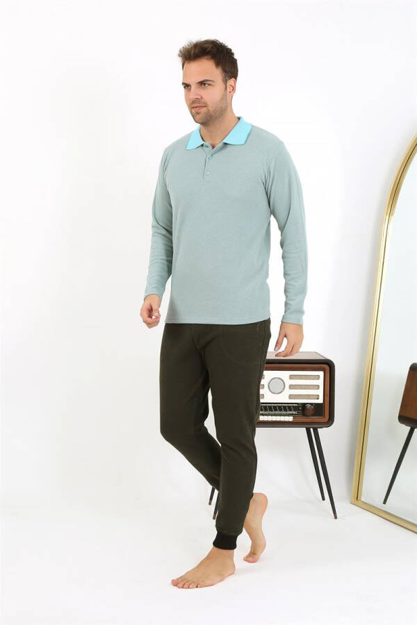 Men's Polo Neck Long Sleeve Cotton Pajama Set 6862 Aqua Green - 4