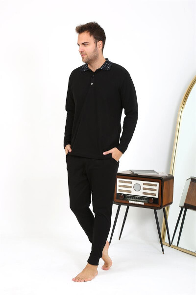 Men's Polo Neck Long Sleeve Cotton Pajama Set Black - 8