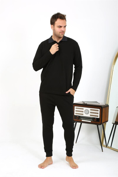 Men's Polo Neck Long Sleeve Cotton Pajama Set Black - 10