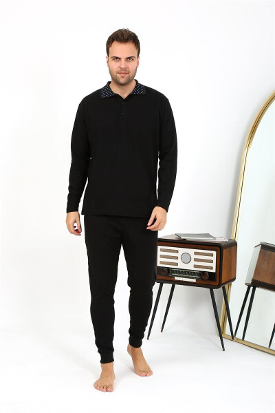 Men's Polo Neck Long Sleeve Cotton Pajama Set Black - 12