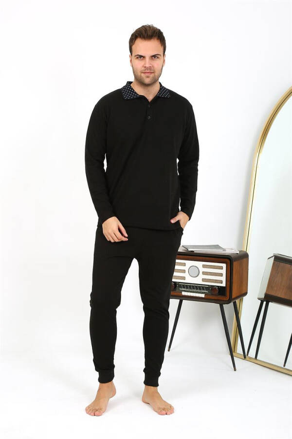 Men's Polo Neck Long Sleeve Cotton Pajama Set Black - 13