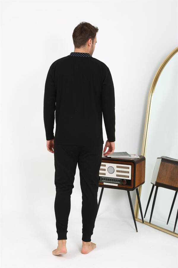 Men's Polo Neck Long Sleeve Cotton Pajama Set Black - 4