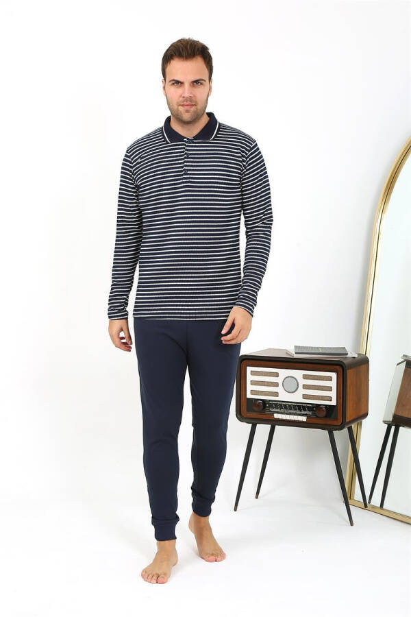 Men's Polo Neck Long Sleeve Cotton Pajama Set Navy - 10